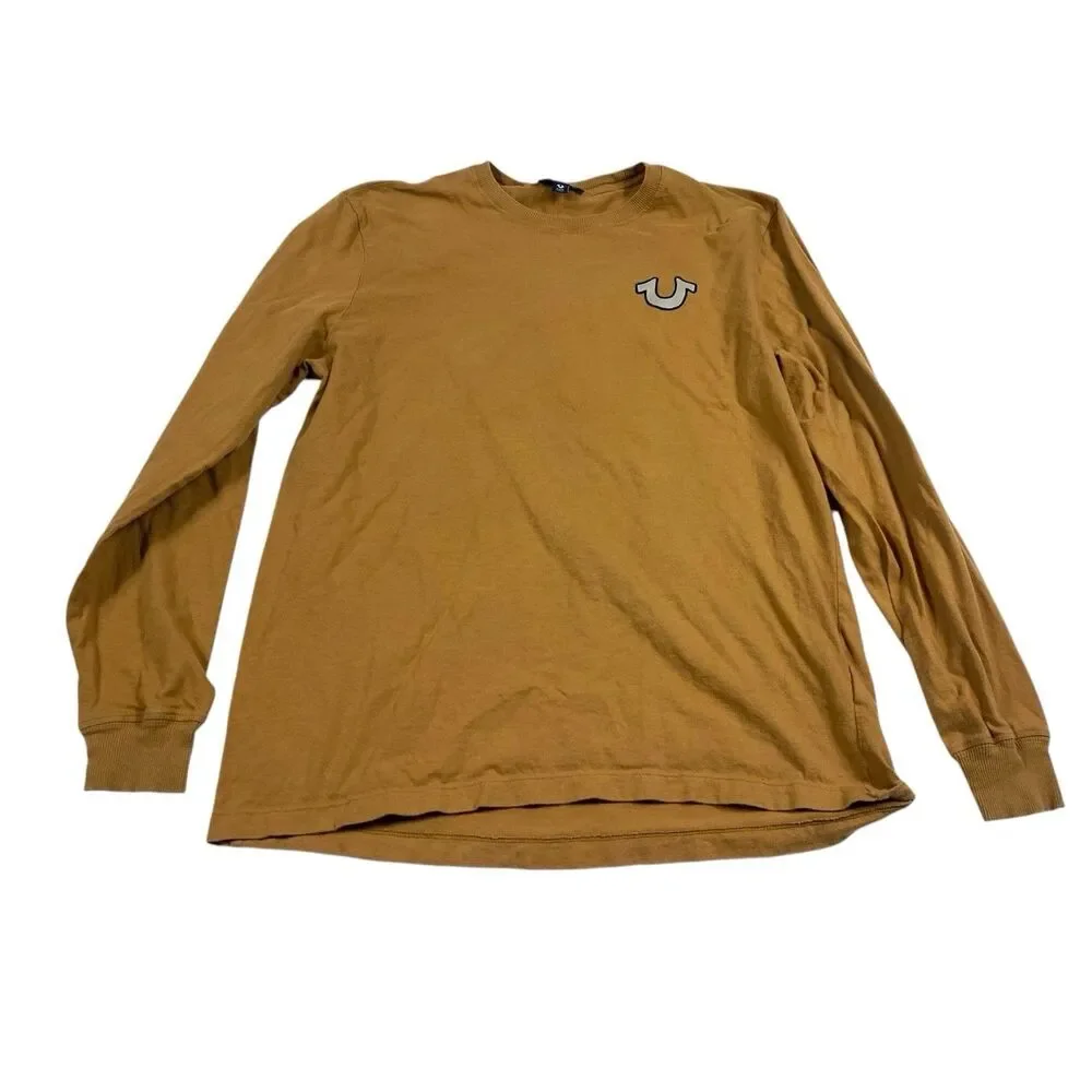 True Religion T Shirt Mens LARGE Orange Long Sleeve Crew Neck Graphic Print Logo